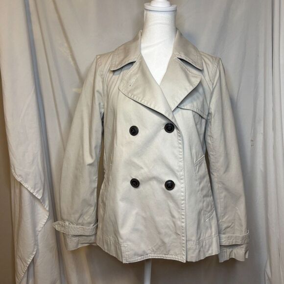 GAP Beige Button Up Nylon Short Trench Coat Womens Collared Jacket Stylish - Picture 1 of 8
